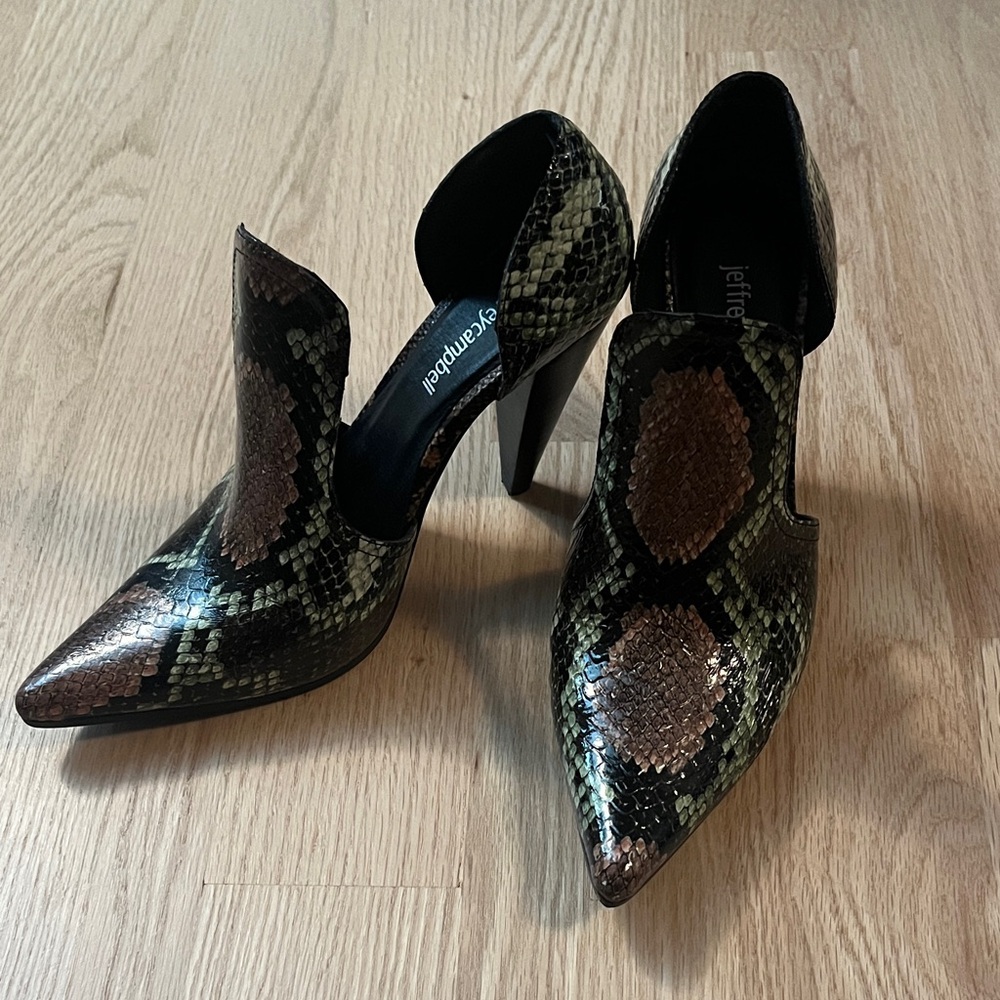 Jeffrey Campbell Black and Brown Snake Print Heels
